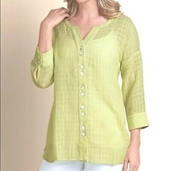 Soft Surroundings Tops - Soft Surroundings Chartreuse Linen Crinkled Gauze Button Shirt Top Womens 2X
